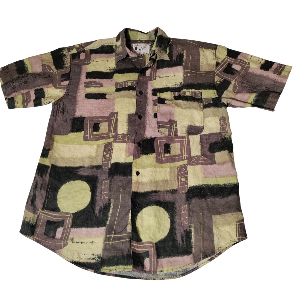 Goouch Mens Medium 100% Linen Abstract Geometric Short Sleeve Button Down Shirt